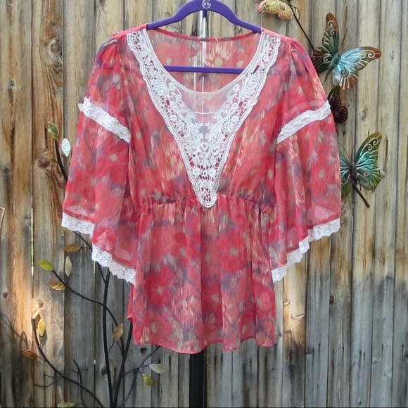 Free People Tops - *Free People*M*Sheer Red Blouse